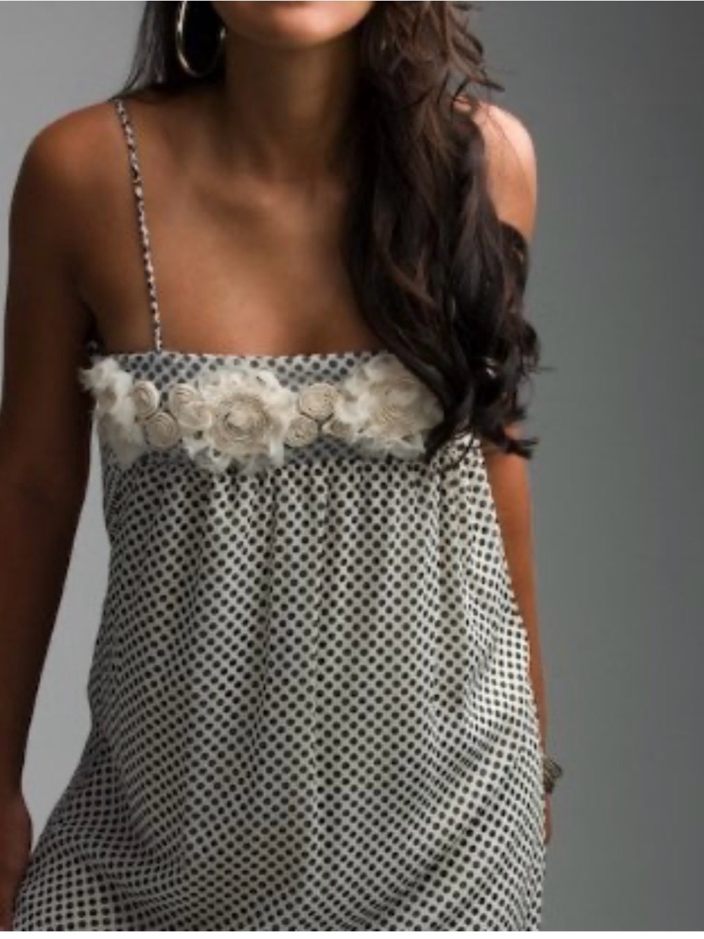Vintage Inspired Polka Dot Spaghetti Strap Top with 3D Fabric Rosettes